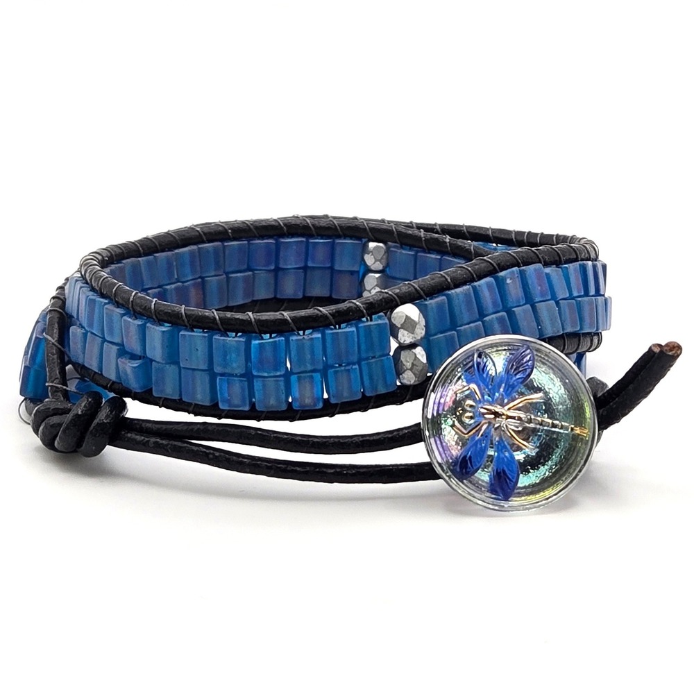 Blue Glass Bead Black Leather Wrap Bracelet Dragonfly Button Closure Boho